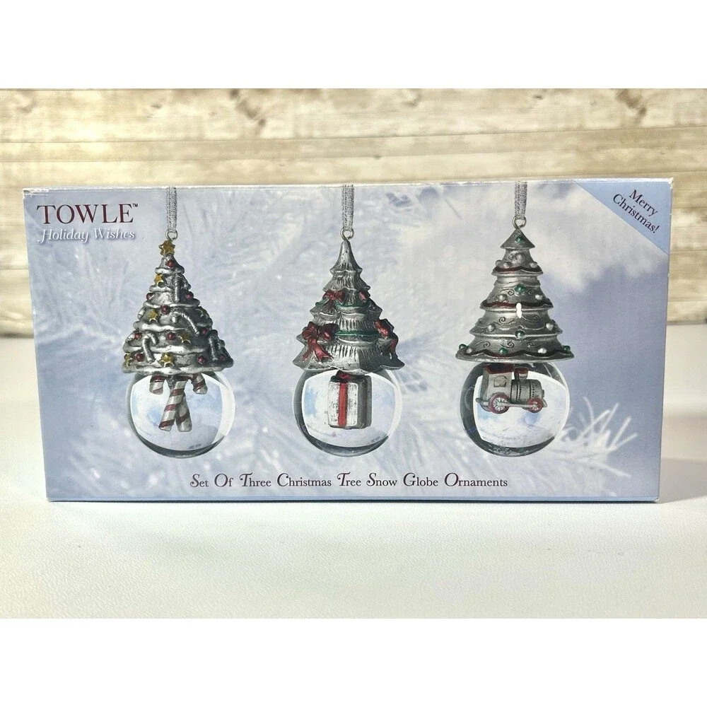 Snow Globe Ornaments Holiday Wishes Set of Three Christmas Tree By Towle